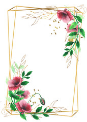 Watercolor floral frame with Meadow flowers, wildflowers, medicinal plants, field herbs, poppy, cornflower. 