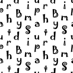 Black letters on a white background. Seamless pattern for fabric, packaging, covers and other surfaces. Vector
