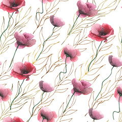 Watercolor floral seamless pattern with Meadow flowers, wildflowers, medicinal plants, field herbs, poppy, cornflower. Hand drawn botanical illustrations isolated on white background