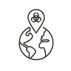 Vector thin line icon illustration with planet earth globe, biohazard symbol and virus. For concepts of pandemics, epidemics, biowarfare, coronavirus, covid19 and other dangers of viral outbreaks.