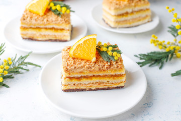 Orange cake decorated with fresh orange slices and mimosa flowers on light background