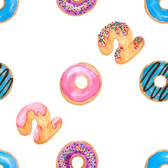 Seamless pattern of watercolor painting illustration colorful donuts, Two thousand twenty letters doughnut with colorful sugar chocolate candy topping on white concept for New year celebration card