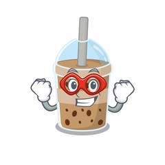 A picture of chocolate bubble tea in a Super hero cartoon character
