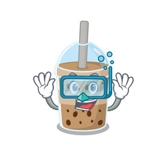 A cartoon picture featuring chocolate bubble tea wearing Diving glasses
