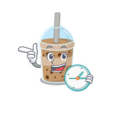 Cheerful chocolate bubble teacartoon character style with clock