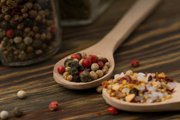 Mixed of peppers hot, red, black, white and dry coriander  in wood spoon  on wood background