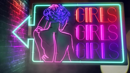 Realistic 3D render of a vivid and vibrant animated flashing neon sign for an adult club depicting the words Girls Girls Girls, with a night scene background