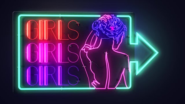 Realistic 3D render of a vivid and vibrant animated flashing neon sign for an adult club depicting the words Girls Girls Girls, with a black background