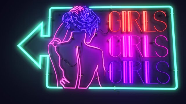 Realistic 3D render of a vivid and vibrant animated flashing neon sign for an adult club depicting the words Girls Girls Girls, with a black background