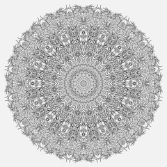 Abstract monochrome circular tracery and patterned snowflake. Linear ornamental mandala, carpet. .Lace designed for decorating dishes, fabrics, use in coloring books.