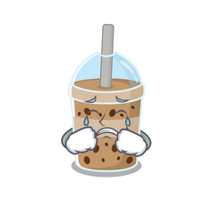 A Crying chocolate bubble tea cartoon mascot design style