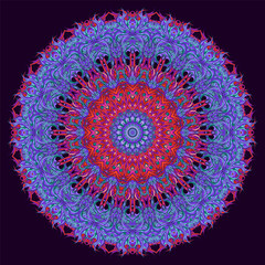 Abstract radial decoration for shawl or carpet. Detailed colored circular pattern, ornamental floral mandala in blue and red gamma. Adornment for meditation classes.