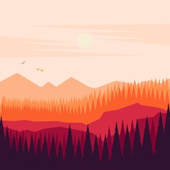 forest view with sunset - vector illustration