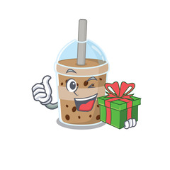 Smiley chocolate bubble tea cartoon character having a gift box