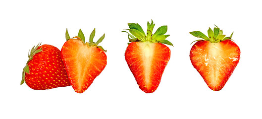 collections plant part of fresh berry fruit , set of round and half red strawberry sliced isolated on white background, diecut with clipping path