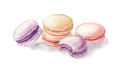 Watercolor illustration of macarons isolated on a white. French dessert
