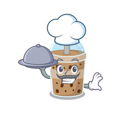 chocolate bubble tea as a chef cartoon character with food on tray