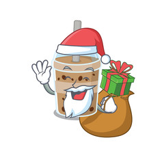 Santa chocolate bubble tea Cartoon character design with box of gift