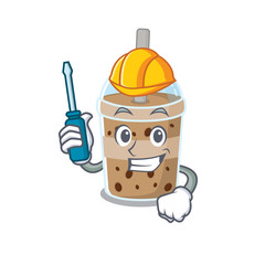 Smart automotive chocolate bubble tea presented in cartoon character design