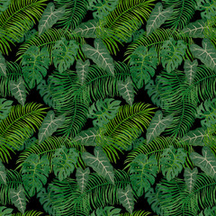 Naklejka na ściany i meble Watercolor hand painting illustration of tropical leaves trees, green palm and monstera leaf exotic seamless pattern on black background for textile fabric printed or wallpaper
