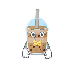 chocolate bubble tea mascot cartoon character design with silent gesture