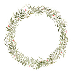 Fototapeta na wymiar Beautiful floral wreath with watercolor green leaves and berries. Stock illustration.