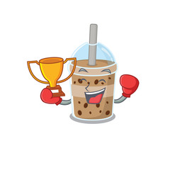 Happy face of boxing winner chocolate bubble tea in mascot design style