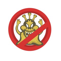 Cartoon monster virus character vector illustration on white background. Virus is crossed out with red STOP sign.