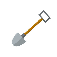 Shovel. Element of farms and villages. Wood brown tool. Cartoon flat illustration. Digging hole.