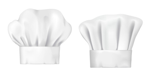 Chef hats, realistic 3d cook cap and baker toque. White chef hats vector design of bakery, pastry and restaurant uniform headwear, professional clothing of kitchen staff