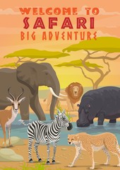African animals of safari tour, hunting sport and outdoor adventure. Vector elephant, zebra, lion and antelope, hippo, cheetah or leopard, wild mammal animals of savannah predators and herbivores © Vector Tradition