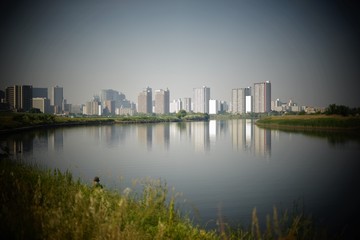 Naklejka premium シティ, 地平線, 夜, 都市景観, 水, ビル, 川,