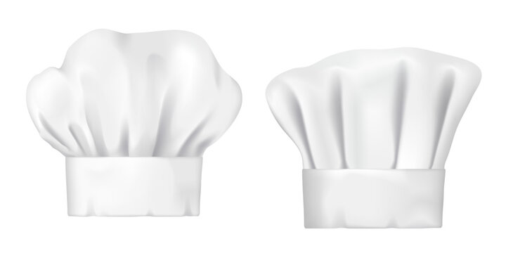 Chef hats, realistic 3d cook cap and baker toque. White chef hats vector design of bakery, pastry and restaurant uniform headwear, professional clothing of kitchen staff