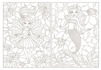 Set of contour illustrations of stained glass Windows with fairy-tale characters, mermaid and fairy, dark contours on a white background