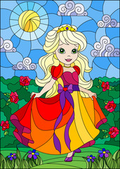 Obraz na płótnie Canvas Illustration in stained glass style with a cute Princess on a background of flowers and Sunny sky