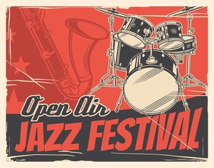 Jazz music festival or concert vector poster with musical instruments. Saxophone and drum set invitation design of music event, open air party, jazz club live music show or blues fest