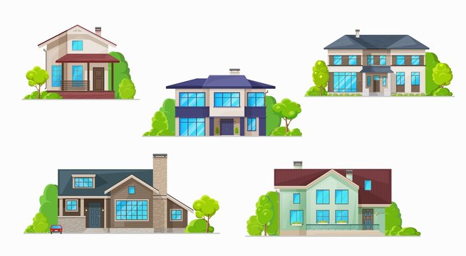 Real estate building vector icons of residential houses, homes and cottages, bungalows, townhouses, villas and mansions. Village and town two storey houses with doors, windows, roofs and chimneys