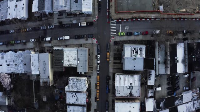 Anamorphic aerial footage of top view of the empty city streets during pandemic