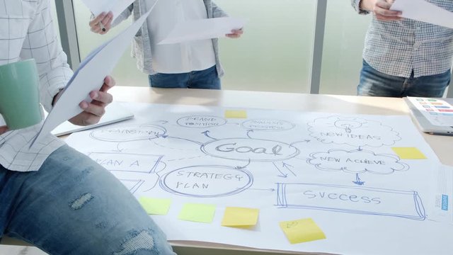 Scene of messing  information and many ideas from young Asian businessman and woman brainstorm and discussion with paper works on the desk for best goal. Business competition chaos to goal successes.