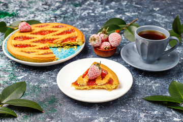 Baked strawberry jam pie cake sweet pastry top view