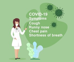 Doctor and novel coronavirus symptoms for banner, poster, flyer. Vector illustration.