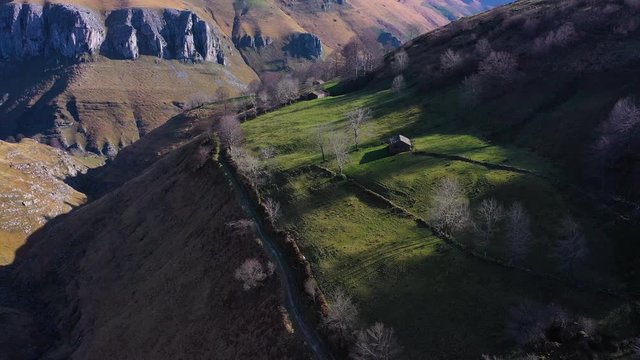Agricultural landscape in Alto del Caracol, Aerial view of the Miera River Valley, Landscape in winter, Valleys Pasiegos, Cantabria, Spain, Europe