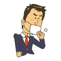 マスクをしながら咳をしているスーツの男性