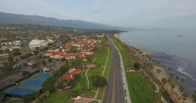 Flying over Cabrillo Boulevard on Santa Barbara, California coast.