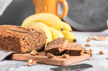 Cinnamon crunch banana bread on light background