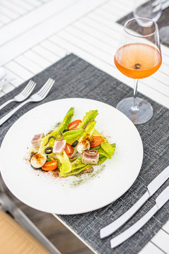 Luxury dinner or lunch table view, delicious spicy seafood thai food with rose wine
