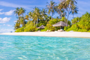 Beautiful tropical beach blur. White sand and coco palms travel tourism wide panorama background concept. Amazing beach landscape. Boost up color process. Luxury island resort vacation or holiday