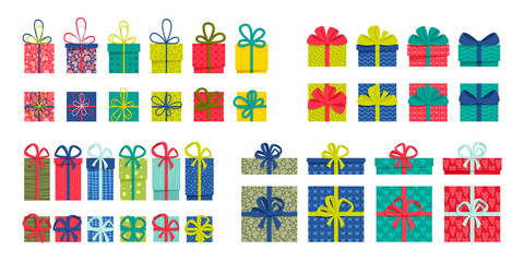 Set of a front and top view flat colorful gift boxes with ribbons and bows on a white background. Easy to use and a one-click recolor vector design.