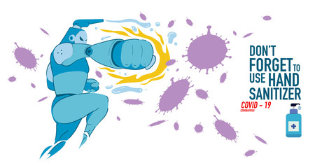 Cartoon Illustration of hand sanitizer superhero attack corona virus, cover-19. 