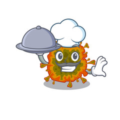 Duvinacovirus as a chef cartoon character with food on tray